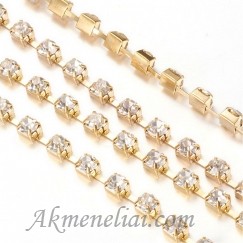 Grandinėlė su Crystals kristalais, metalas aukso spalvos, akutės 2mm