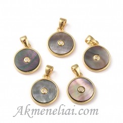 Pakabukas su pilkos spalvos perlamutru ir cirkonio akute, paauskuotas 24K auksu, 11mm