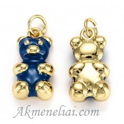 Pakabukas Meškiukas, metalinis paauksuotas 18K auksu, padengtas emale, Mėlynas, 17,5x9mm