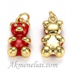 Pakabukas Meškiukas, metalinis paauksuotas 18K auksu, padengtas emale, Raudonas, 17,5x9mm