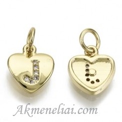 Pakabukas - J, paauksuota 16K auksu širdelė su cirkoniais, 10x9x2mm 