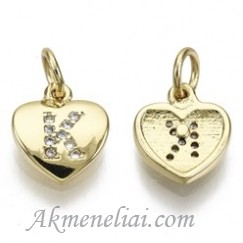 Pakabukas - A, paauksuota 16K auksu širdelė su cirkoniais, 10x9x2mm 