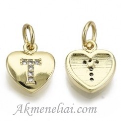 Pakabukas - T, paauksuota 16K auksu širdelė su cirkoniais, 10x9x2mm 