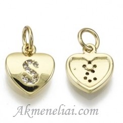Pakabukas - S, paauksuota 16K auksu širdelė su cirkoniais, 10x9x2mm 