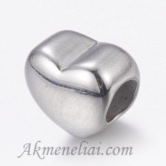 Nerūdijančio plieno karoliukas-Širdelė, 10x11x8mm, skylutė 5mm