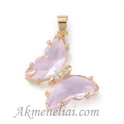 Pakabukas Drugelis Light rose, paauksuotas su cirkoniais ir kristalais,  21,5x24mm